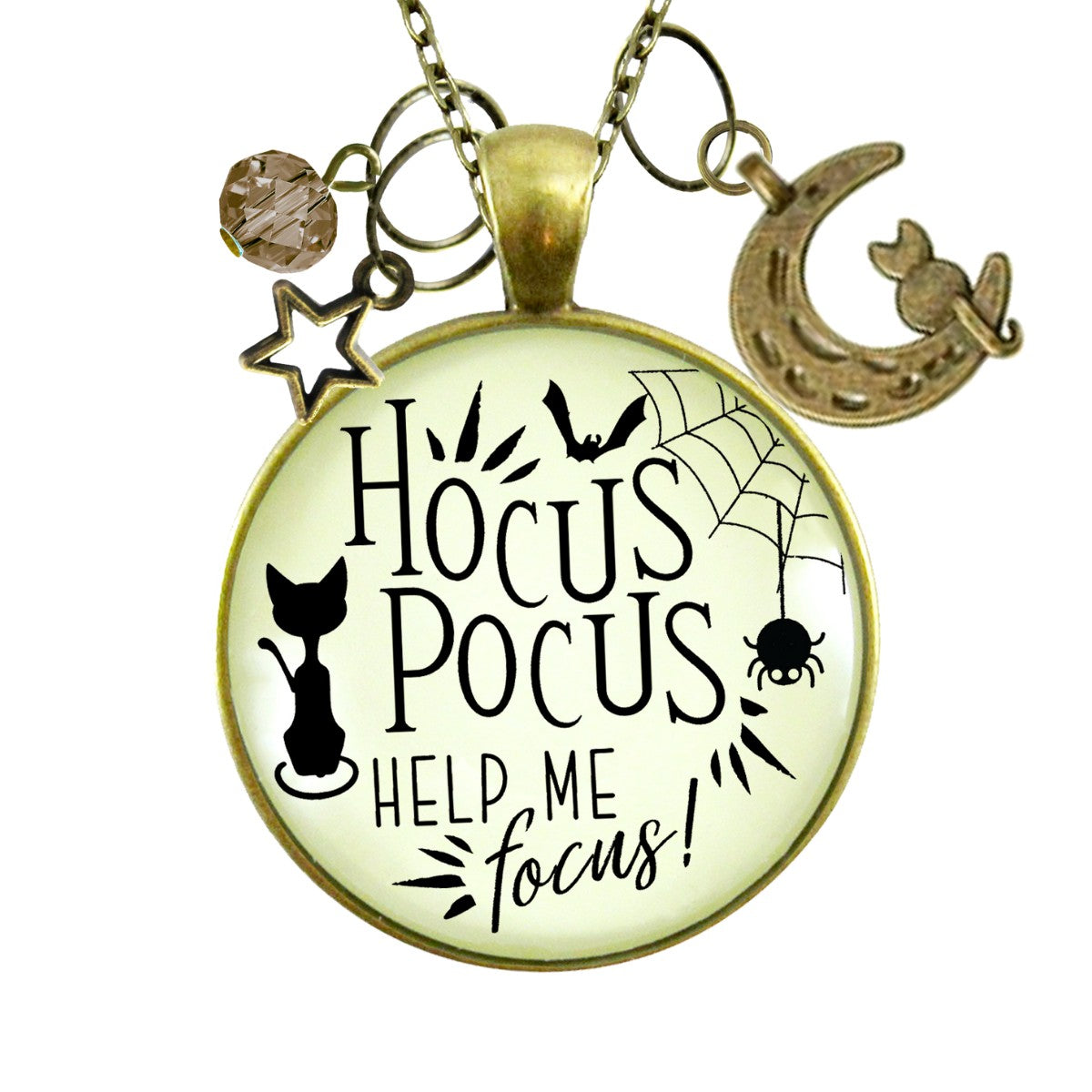 Hocus Pocus Necklace Help Me Focus Funny Halloween Spider Black Cat Jewelry for Women Costume Fashion Book Charm  Necklace - Gutsy Goodness Handmade Jewelry