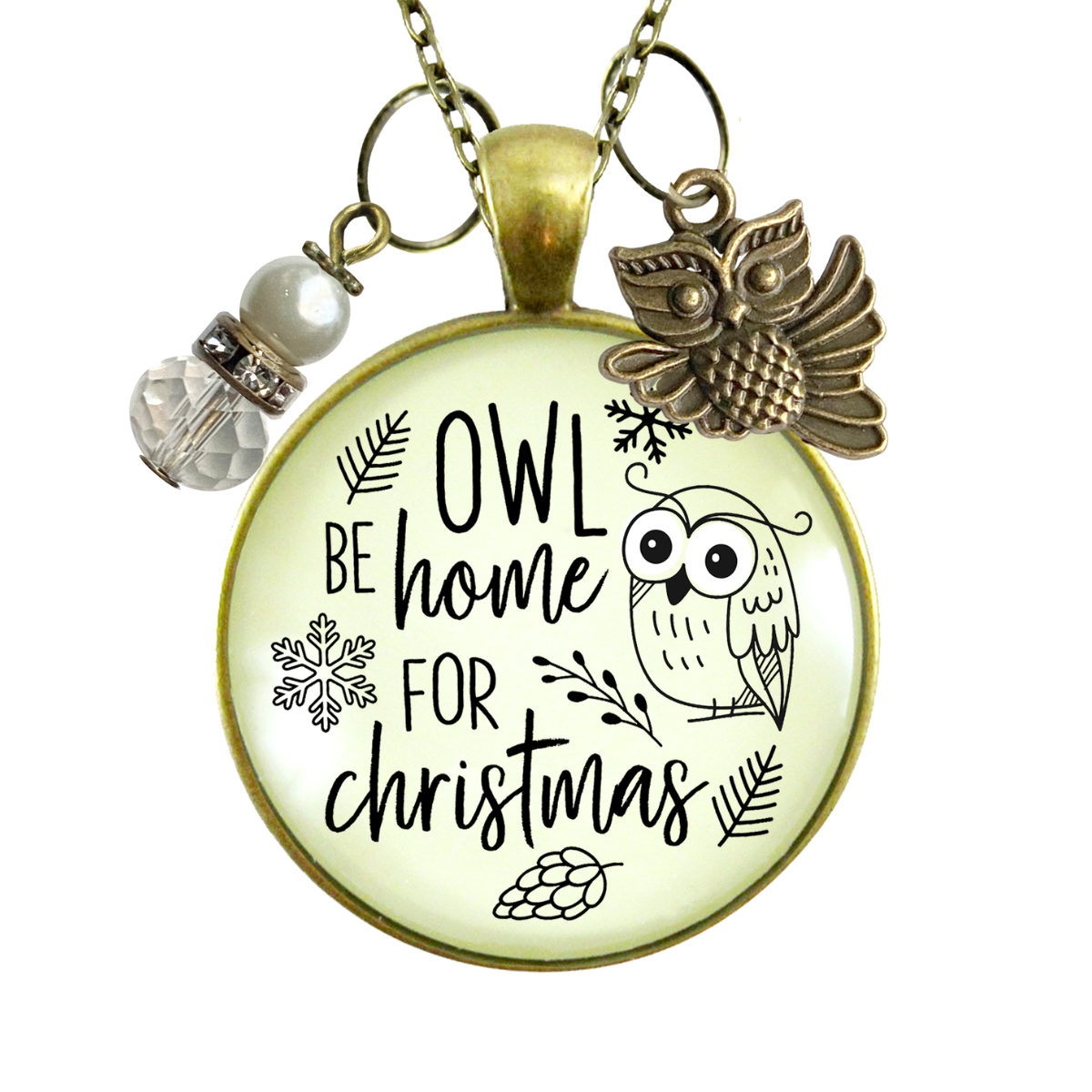 Christmas Charm Necklace Owl Be Home Holiday Pine Cone Charm Handmade Pendant White Winter Jewelry Gift  Necklace - Gutsy Goodness Handmade Jewelry
