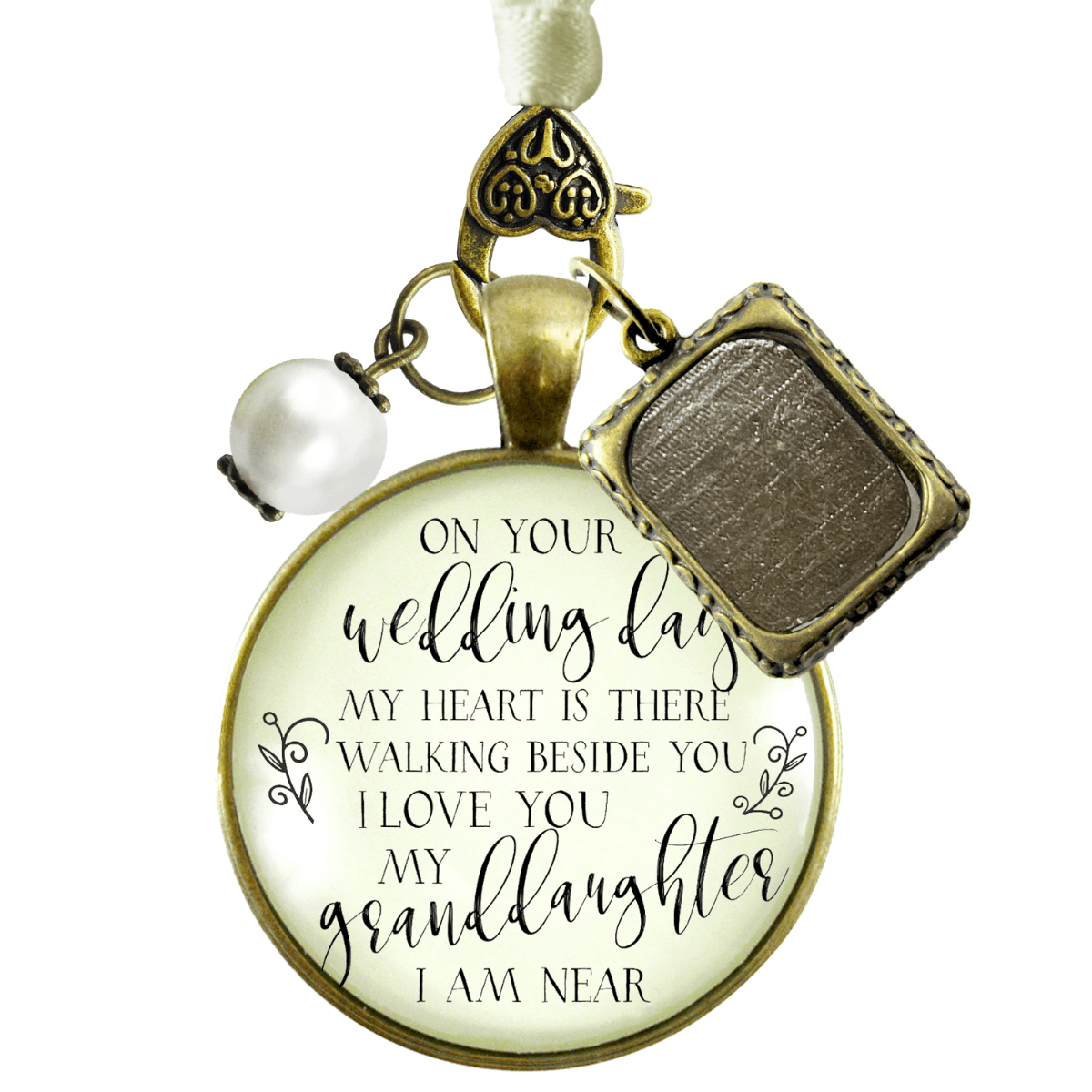 On Your Wedding Day MY Heart Is There Walking Beside You GRANDDAUGHTER - BRONZE - CREAM - WHITE BEAD