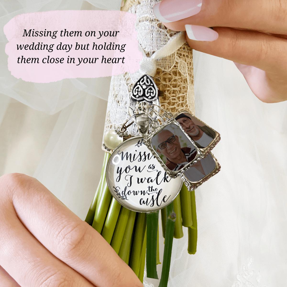 Bouquet Wedding Charm Missing You White Silver Tone Memorial Charm Photo 3 Frames  Bouquet Charm - Gutsy Goodness Handmade Jewelry