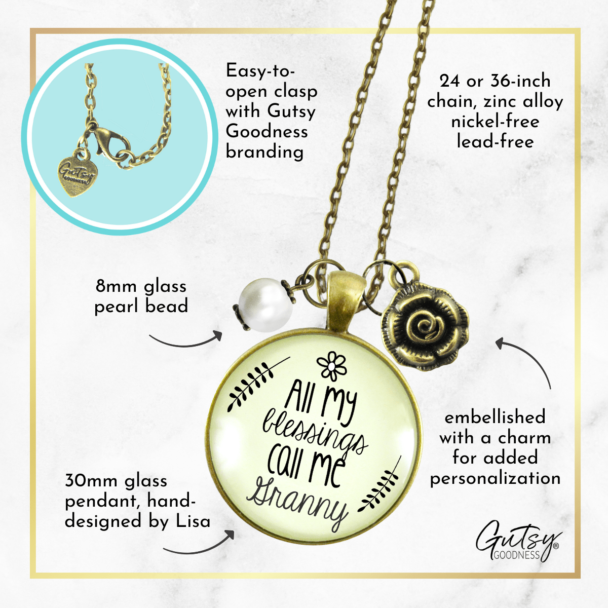 Gutsy Goodness Granny Necklace All My Blessings Grandma Rose Charm Gift Jewelry - Gutsy Goodness Handmade Jewelry;Granny Necklace All My Blessings Grandma Rose Charm Gift Jewelry - Gutsy Goodness Handmade Jewelry Gifts