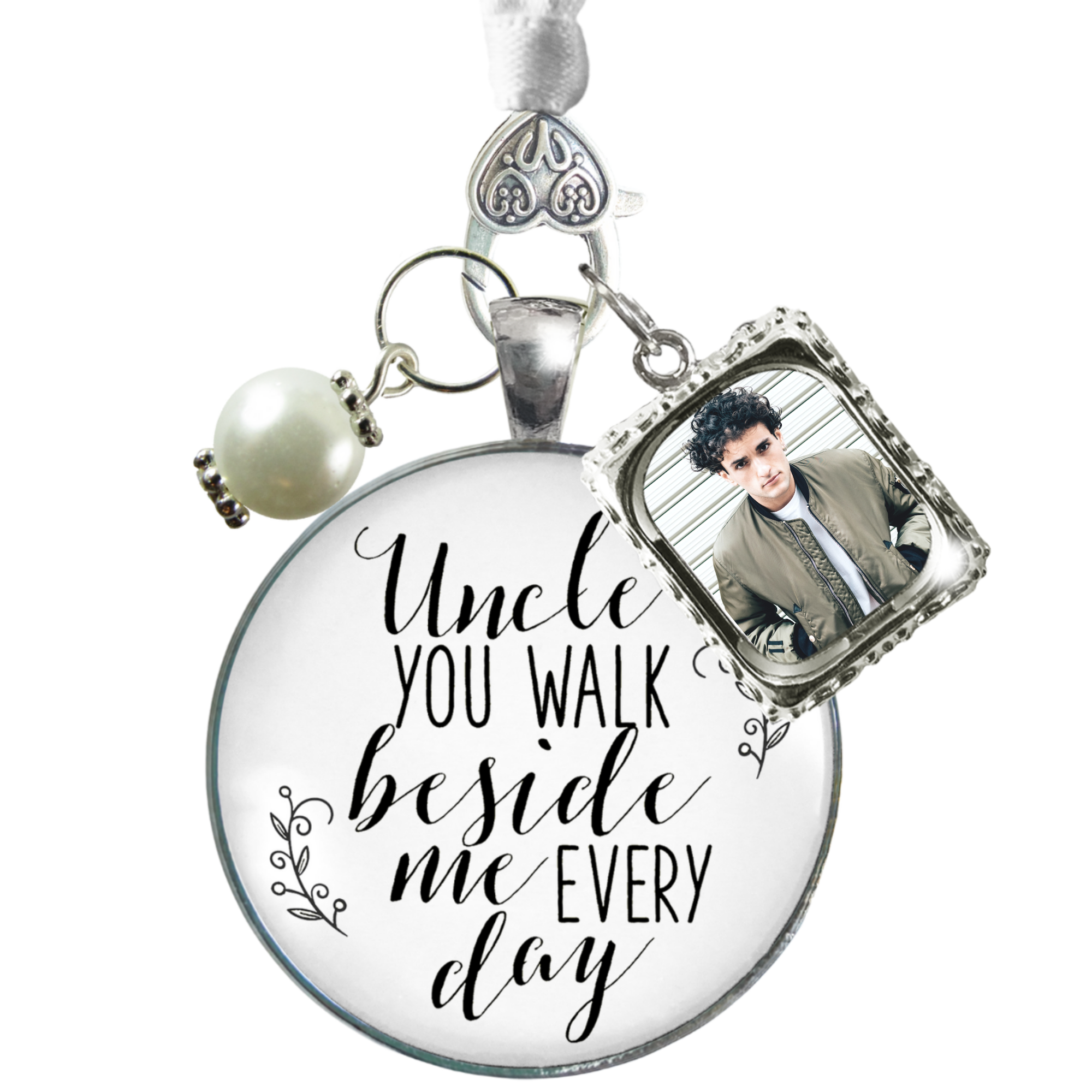 Bouquet Charm Customize Uncle You Walk Beside Me Every Day Wedding Day Jewelry Memory Vintage Silvertone Glass Pendant  Loving Memorial on Bride's Flowers DIY Photo Template  Bouquet Charm - Gutsy Goodness Handmade Jewelry