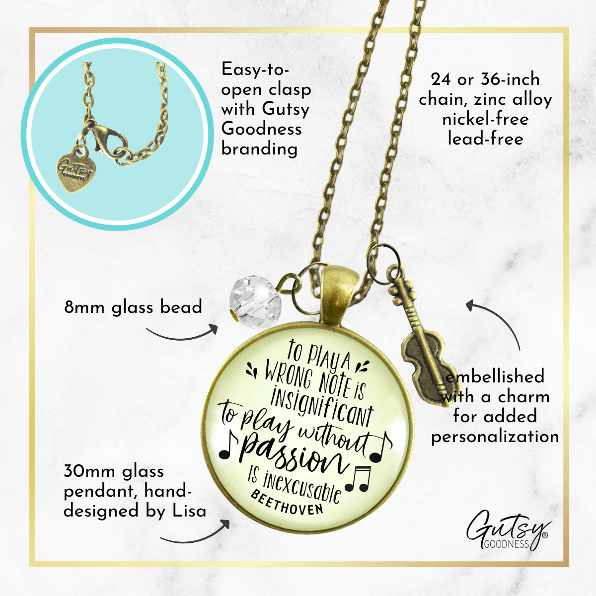 Gutsy Goodness Violin Necklace To Play Wrong Note Beethoven Quote Music Jewelry - Gutsy Goodness Handmade Jewelry;Violin Necklace To Play Wrong Note Beethoven Quote Music Jewelry - Gutsy Goodness Handmade Jewelry Gifts