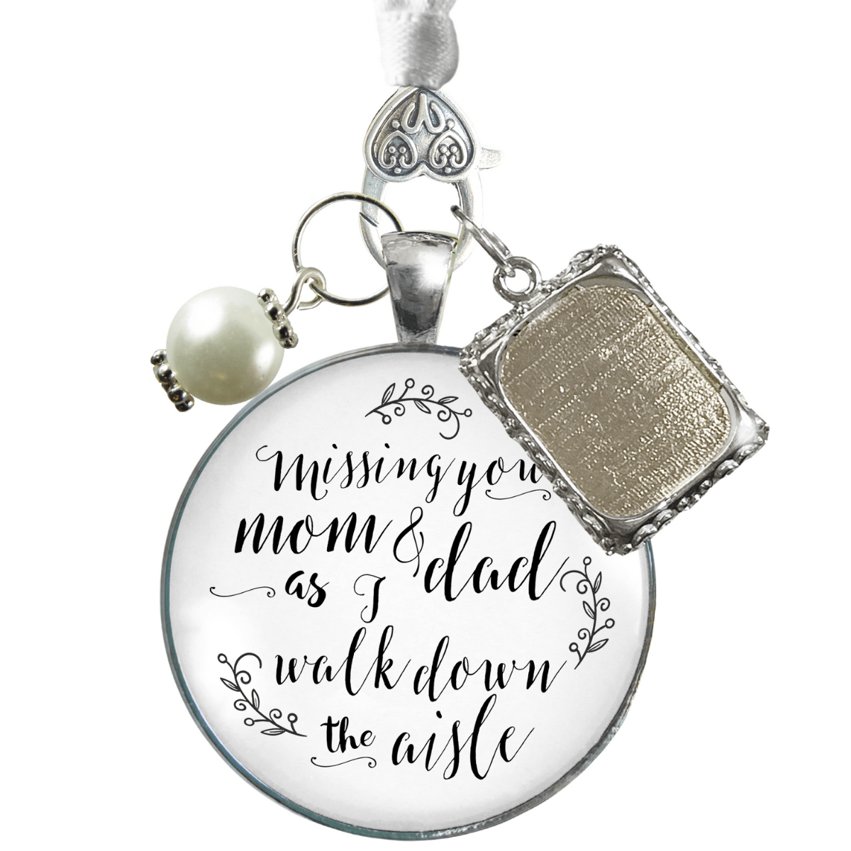Bouquet Charm Of Mom And Dad White Silver Finish Memory Photo Frame Wedding Jewelry - Gutsy Goodness Handmade Jewelry Gifts