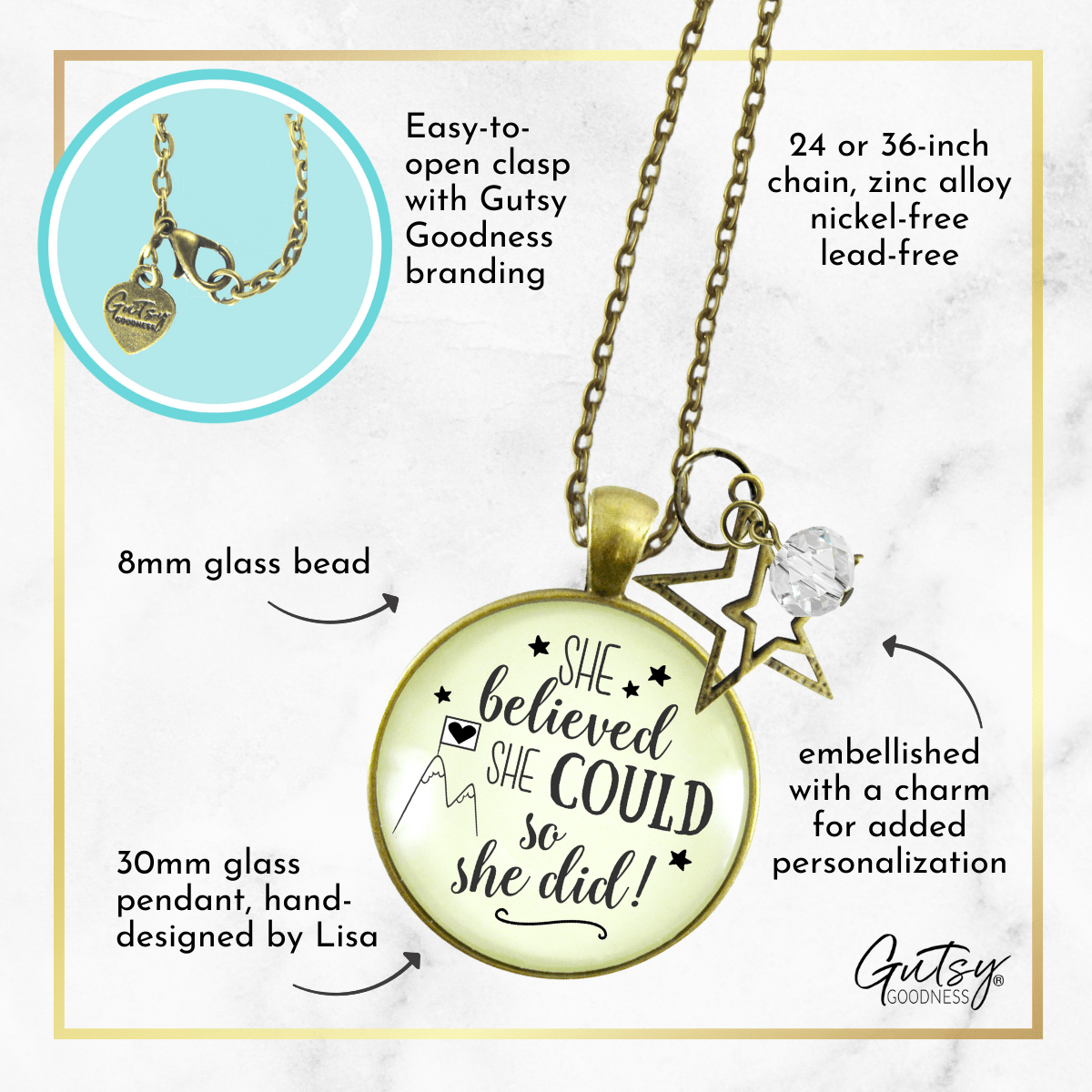 She Believed She Could So She Did Necklace Everyday Word Jewelry - Gutsy Goodness