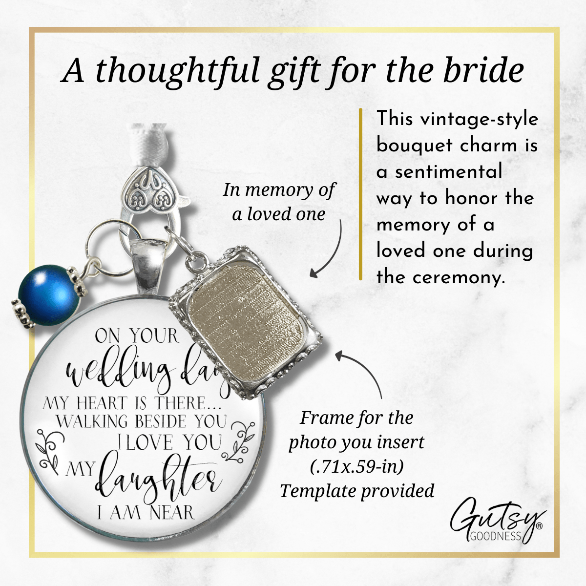 Bouquet Charm On Your Wedding Day Mom Dad White Silvertone Blue Memorial Photo Frame - Gutsy Goodness Handmade Jewelry Gifts