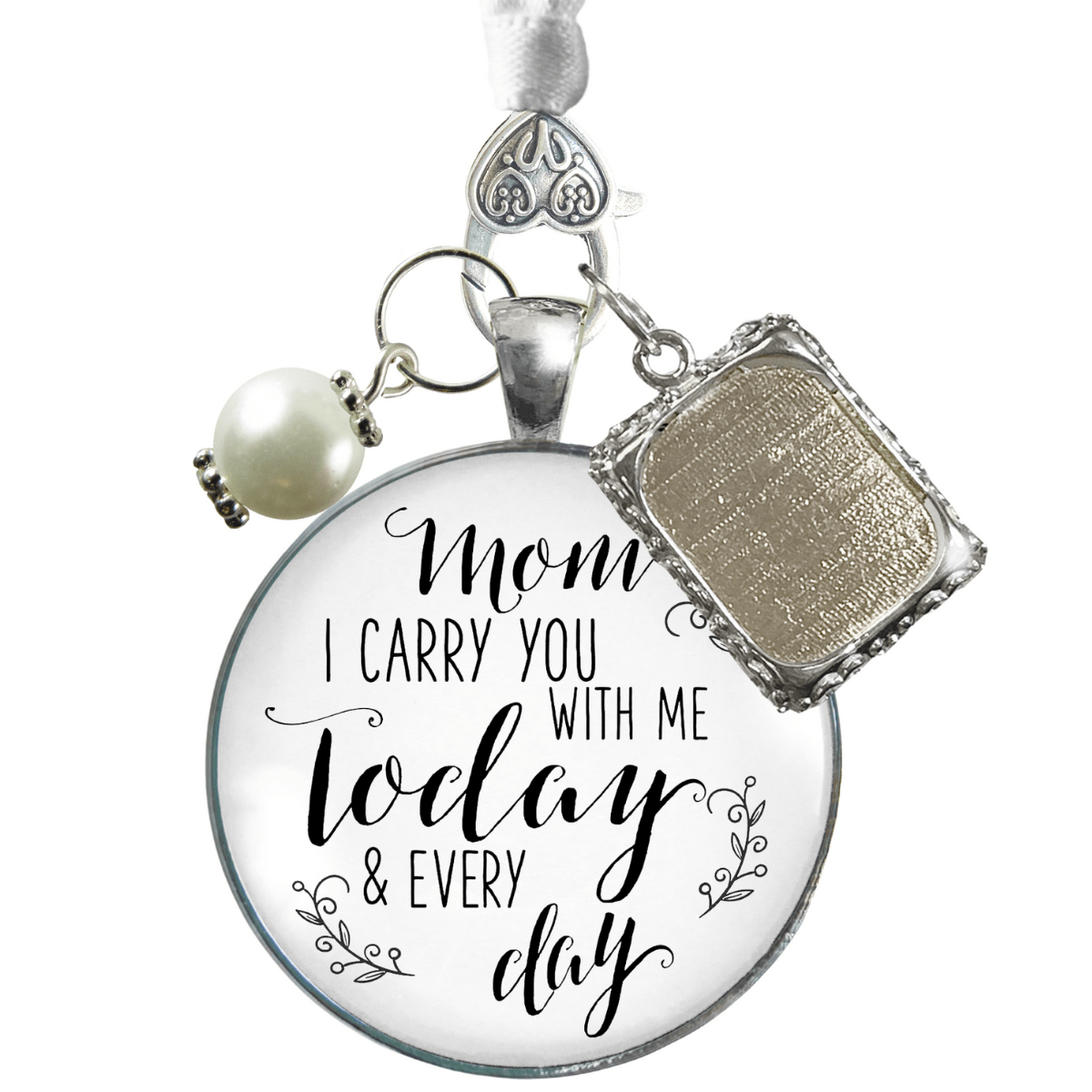Bridal Bouquet Photo Charm Mom I Carry You Wedding White Silver Finish Memory Jewels - Gutsy Goodness Handmade Jewelry Gifts