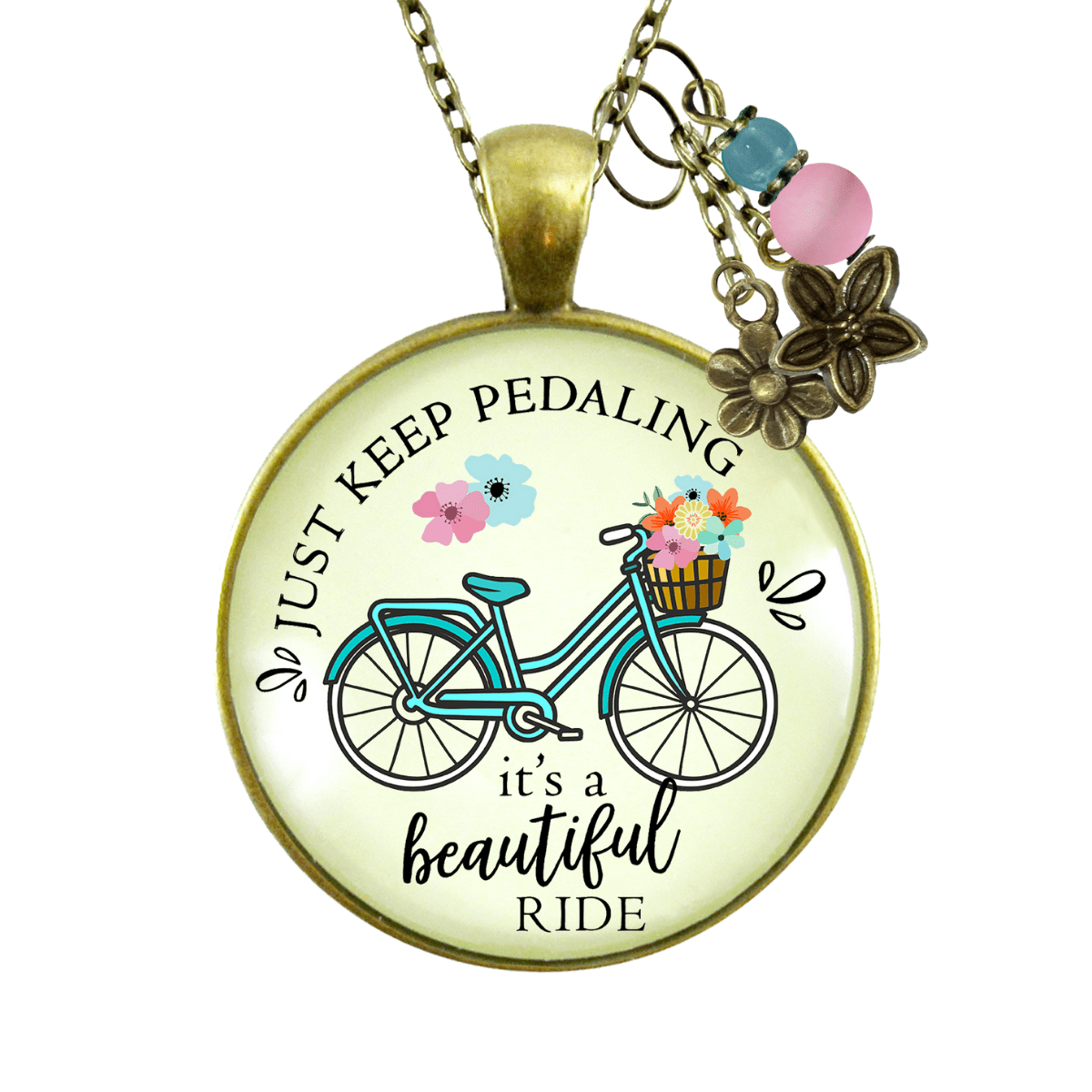 Just Keep Pedaling Bicycle Necklace Beautiful Ride Summer Boho Chic Colorful Pendant Flower Charms  Necklace - Gutsy Goodness Handmade Jewelry