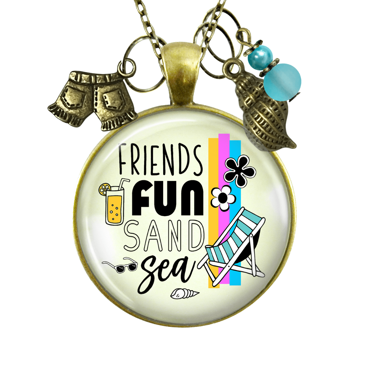 Friends Fun Sand Sea Charm Necklace Summer Ocean Handmade Beach Vacay Jewelry Sea Glass Style Bead  Necklace - Gutsy Goodness Handmade Jewelry