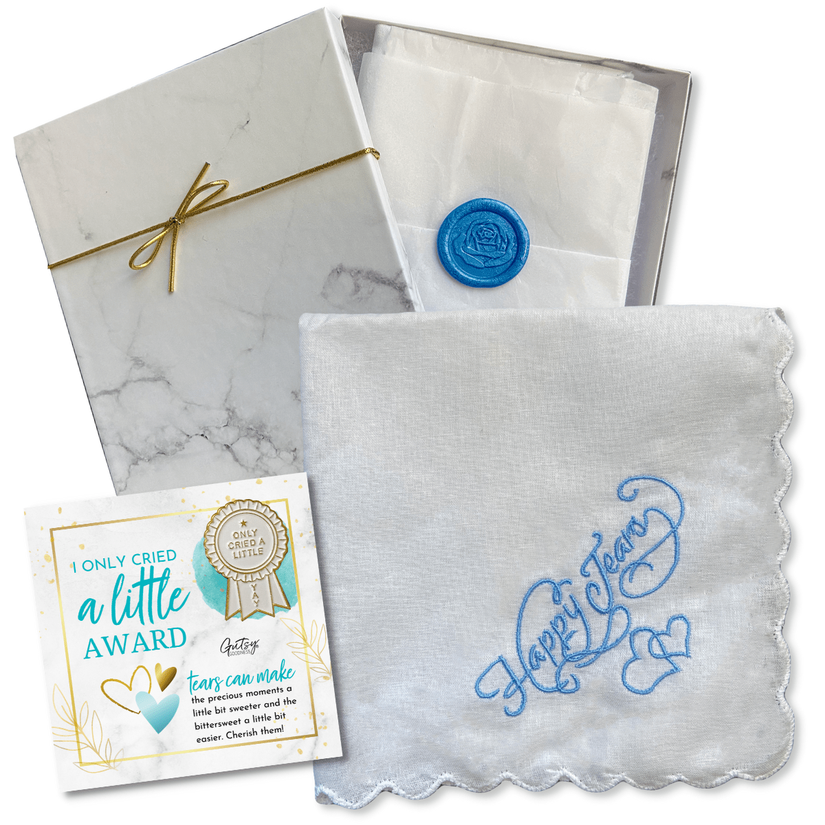 Sentimental Happy Tears Bundle Handkerchief Embroidered Only Cried a Little Pin Gift Packaging Special Occasion Keepsake   - Gutsy Goodness Handmade Jewelry