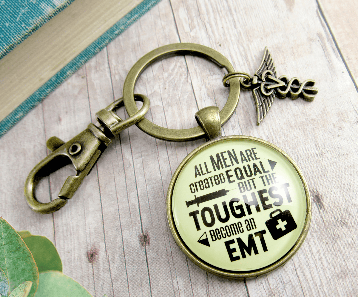 Mens EMT Keychain All Men Created Equal Toughest Become EMT Jewelry Gift Caduceus Charm - Gutsy Goodness Handmade Jewelry