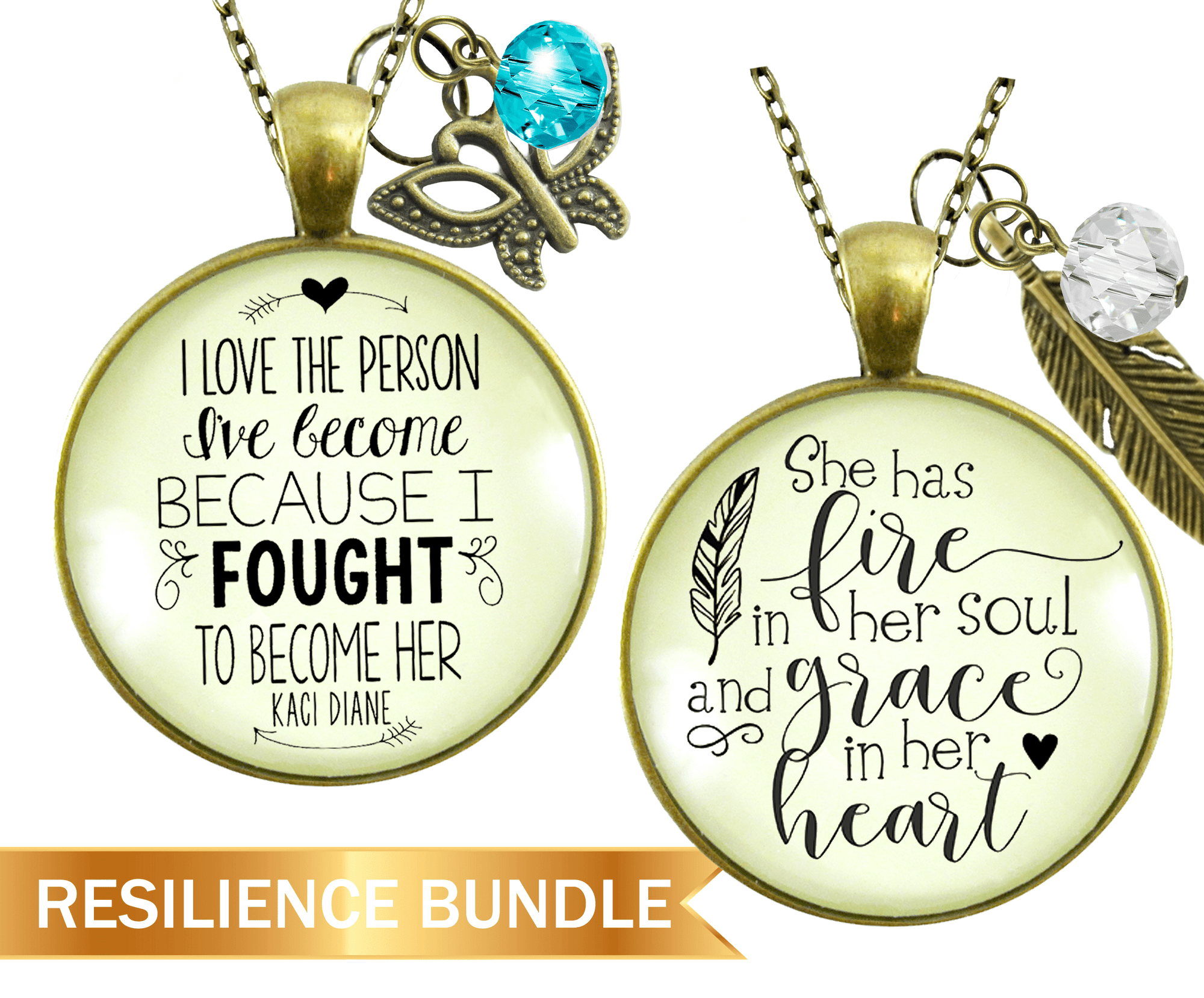 Resilient Woman Necklace Bundle Set of 2 | I Love The Person | She Has Fire In Her Soul 24" - Gutsy Goodness Handmade Jewelry