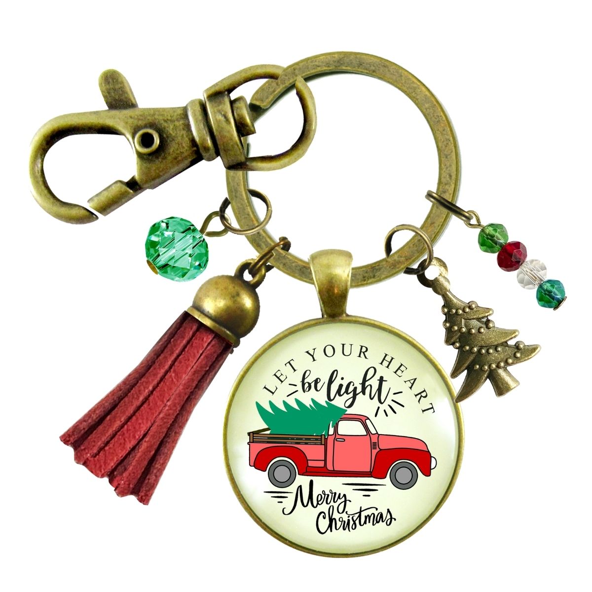 Red Truck Christmas Tree Keychain Handmade Holiday Let Your Heart Be Light Charm Gift Pendant Tassel Key Ring Jewelry   - Gutsy Goodness Handmade Jewelry