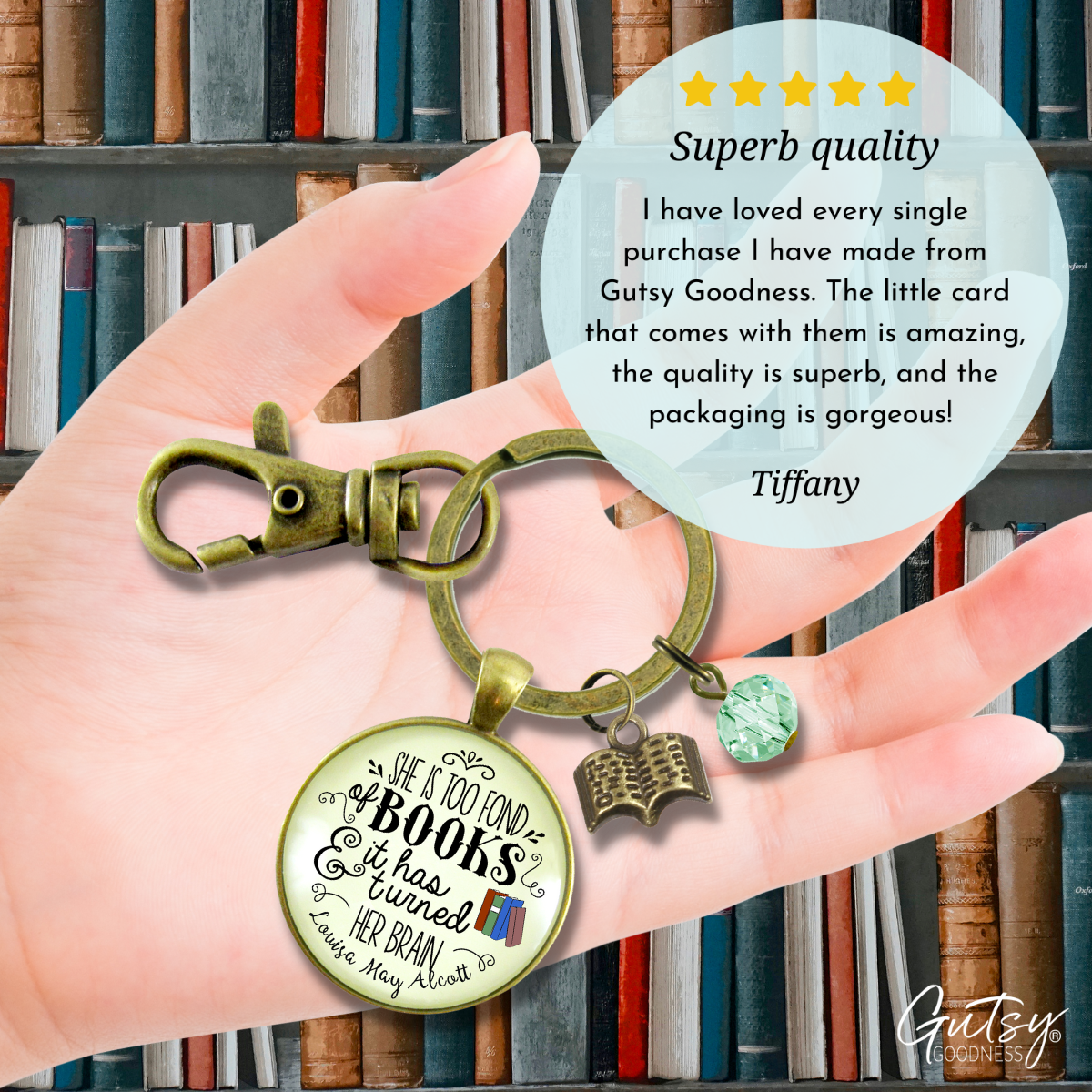 Book Keychain She Is Too Fond Literary Quote Louisa May Alcott Reader Inspired Jewelry Green - Gutsy Goodness;Book Keychain She Is Too Fond Literary Quote Louisa May Alcott Reader Inspired Jewelry Green - Gutsy Goodness Handmade Jewelry Gifts
