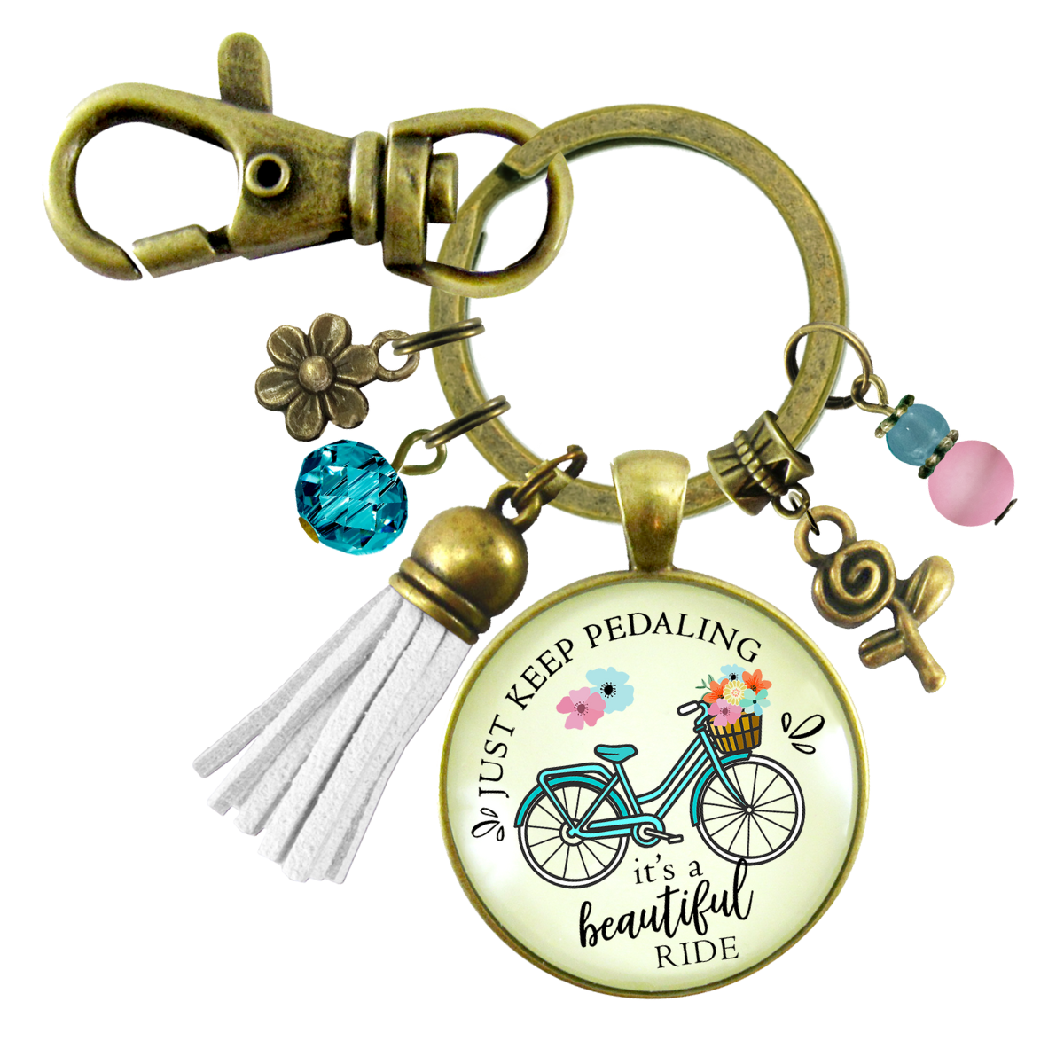 Just Keep Pedaling Bicycle Keychain Beautiful Ride Summer Boho Chic Colorful Tassel Flower Charms  Keychain - Women - Gutsy Goodness Handmade Jewelry