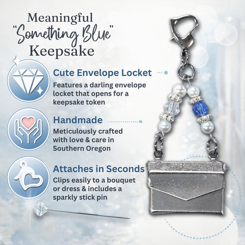 Something Blue Wedding Day Locket – Opening Envelope Keepsake for Grandma’s Dress Fabric or Tiny Note, Bridal Bouquet Bride's Charm