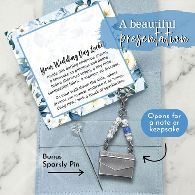 Something Blue Wedding Day Locket – Opening Envelope Keepsake for Grandma’s Dress Fabric or Tiny Note, Bridal Bouquet Bride's Charm