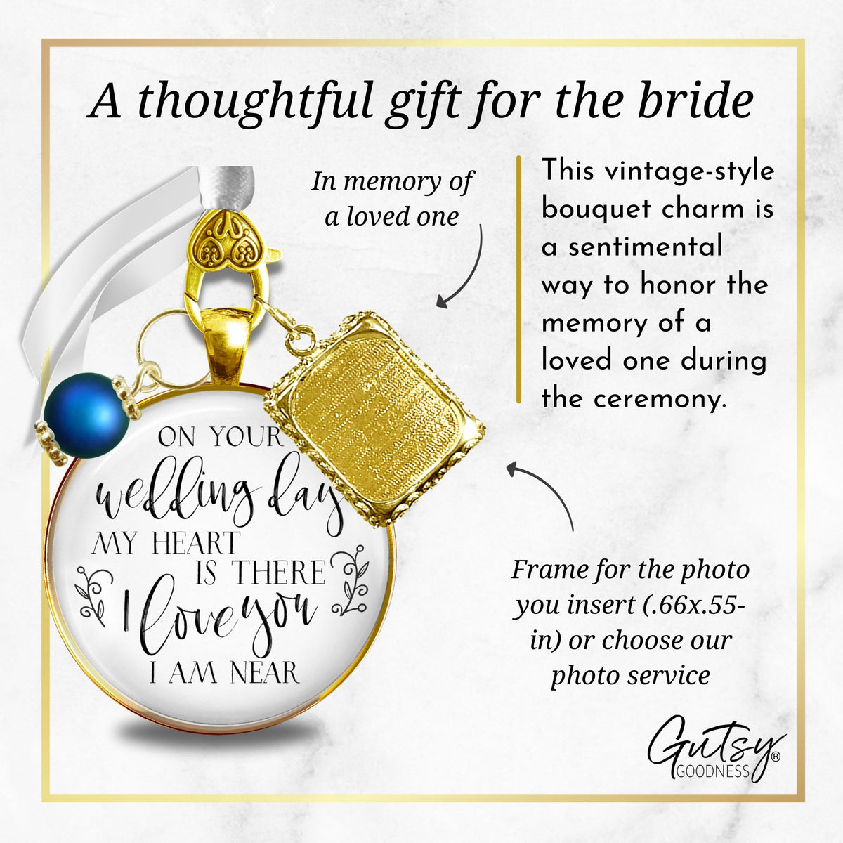 Wedding Bouquet Memorial Charm On Your Wedding Day I/We Love You Gold Frames