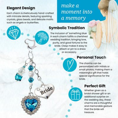 Something Blue Caribbean Blue Heart Wedding Bouquet Charm for Bride, Bridal Shower Gift