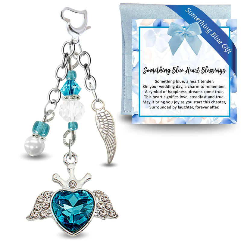 Something Blue Angel Wings Heart Wedding Bouquet Charm for Bride | Teal Rhinestone