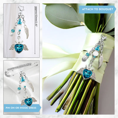Something Blue Angel Wings Heart Wedding Bouquet Charm for Bride | Teal Rhinestone