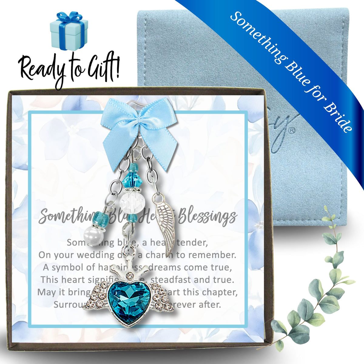 Something Blue Angel Wings Heart Wedding Bouquet Charm for Bride | Teal Rhinestone