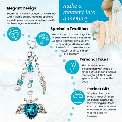 Something Blue Angel Wings Heart Wedding Bouquet Charm for Bride | Teal Rhinestone
