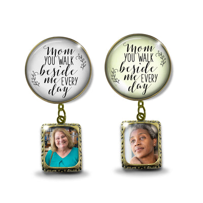 Groom's Boutonniere Pin Wedding Memorial Mom You Walk Bronze White Cream Photo Picture Frame Charm