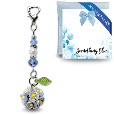 Something Blue Mini Flower Bouquet Charm for Bride – Floral Wedding Bouquet Keepsake with Blue or Clear Accent Beads, Bridal Shower Gift
