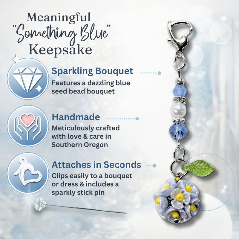 Something Blue Mini Flower Bouquet Charm for Bride – Floral Wedding Bouquet Keepsake with Blue or Clear Accent Beads, Bridal Shower Gift
