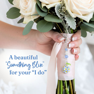 Something Blue Mini Flower Bouquet Charm for Bride – Floral Wedding Bouquet Keepsake with Blue or Clear Accent Beads, Bridal Shower Gift