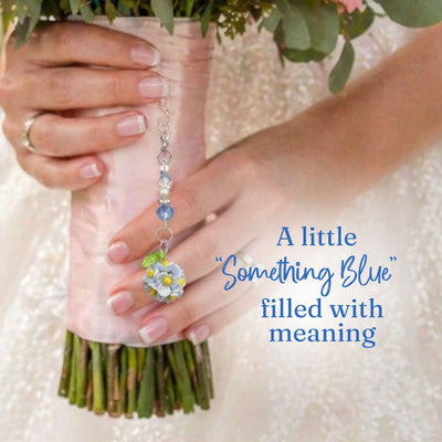 Something Blue Mini Flower Bouquet Charm for Bride – Floral Wedding Bouquet Keepsake with Blue or Clear Accent Beads, Bridal Shower Gift