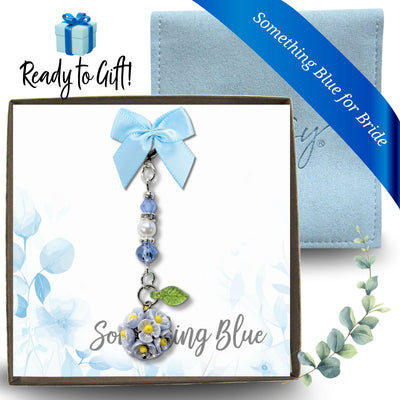Something Blue Mini Flower Bouquet Charm for Bride – Floral Wedding Bouquet Keepsake with Blue or Clear Accent Beads, Bridal Shower Gift