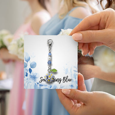 Something Blue Mini Flower Bouquet Charm for Bride – Floral Wedding Bouquet Keepsake with Blue or Clear Accent Beads, Bridal Shower Gift