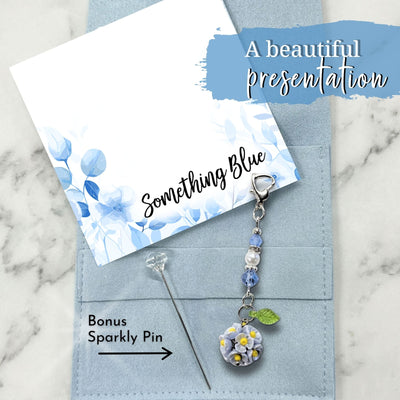 Something Blue Mini Flower Bouquet Charm for Bride – Floral Wedding Bouquet Keepsake with Blue or Clear Accent Beads, Bridal Shower Gift