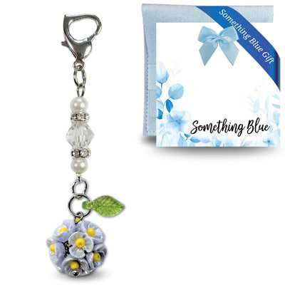 Something Blue Mini Flower Bouquet Charm for Bride – Floral Wedding Bouquet Keepsake with Blue or Clear Accent Beads, Bridal Shower Gift