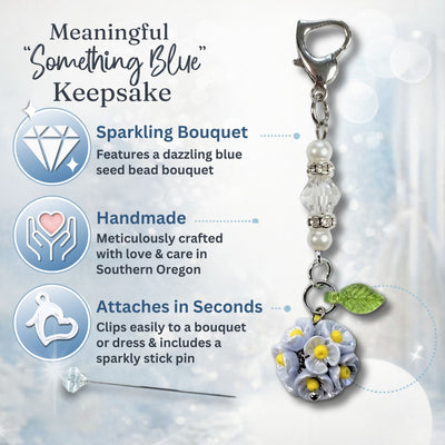 Something Blue Mini Flower Bouquet Charm for Bride – Floral Wedding Bouquet Keepsake with Blue or Clear Accent Beads, Bridal Shower Gift