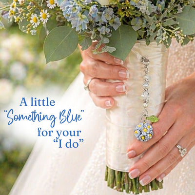Something Blue Mini Flower Bouquet Charm for Bride – Floral Wedding Bouquet Keepsake with Blue or Clear Accent Beads, Bridal Shower Gift