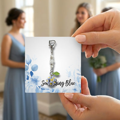 Something Blue Mini Flower Bouquet Charm for Bride – Floral Wedding Bouquet Keepsake with Blue or Clear Accent Beads, Bridal Shower Gift