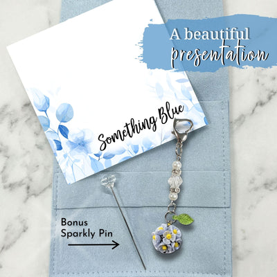 Something Blue Mini Flower Bouquet Charm for Bride – Floral Wedding Bouquet Keepsake with Blue or Clear Accent Beads, Bridal Shower Gift