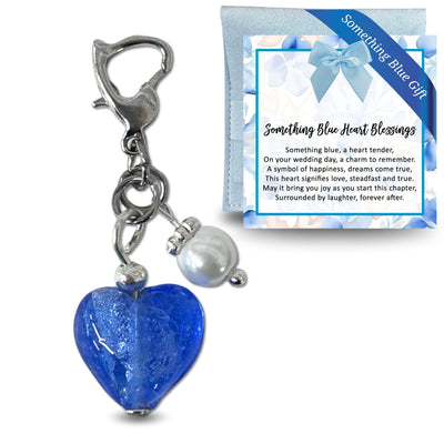Something Blue Heart Blessings Charm for Bride – Blue Glass Heart Wedding Bouquet Keepsake with Pearl, Bridal Shower Gift with Heart Clasp and Pin