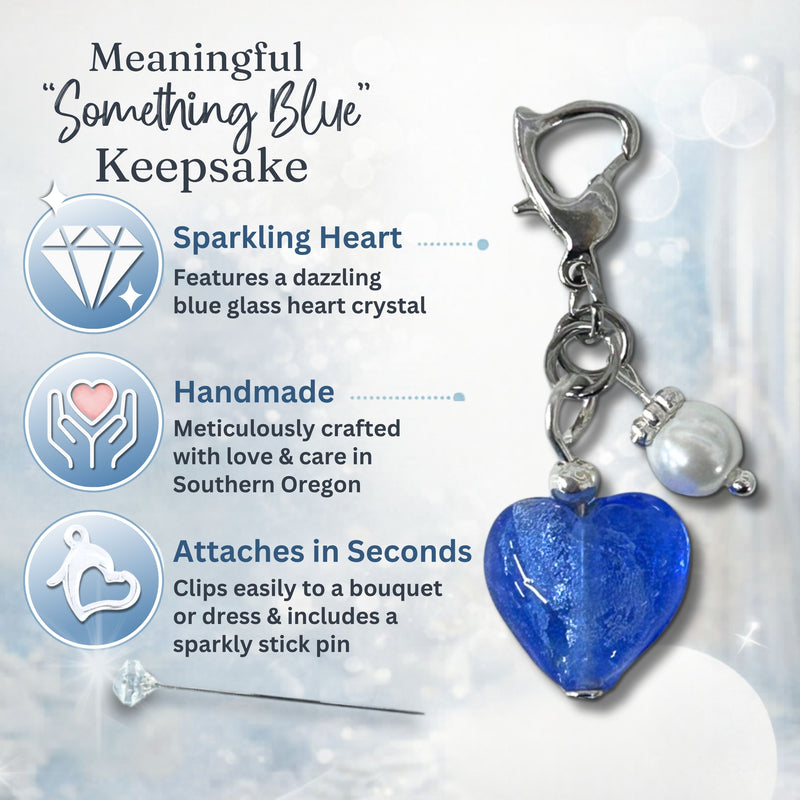 Something Blue Heart Blessings Charm for Bride – Blue Glass Heart Wedding Bouquet Keepsake with Pearl, Bridal Shower Gift with Heart Clasp and Pin