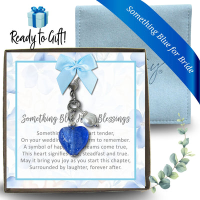 Something Blue Heart Blessings Charm for Bride – Blue Glass Heart Wedding Bouquet Keepsake with Pearl, Bridal Shower Gift with Heart Clasp and Pin