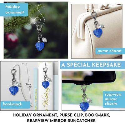 Something Blue Heart Blessings Charm for Bride – Blue Glass Heart Wedding Bouquet Keepsake with Pearl, Bridal Shower Gift with Heart Clasp and Pin