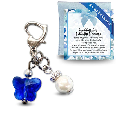 Something Blue Wedding Day Butterfly Blessings Charm – Aqua Blue Crystal Butterfly and Pearl Bridal Bouquet Keepsake, Wedding or Bridal Shower Gift for Bride