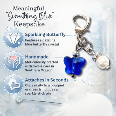 Something Blue Wedding Day Butterfly Blessings Charm – Aqua Blue Crystal Butterfly and Pearl Bridal Bouquet Keepsake, Wedding or Bridal Shower Gift for Bride