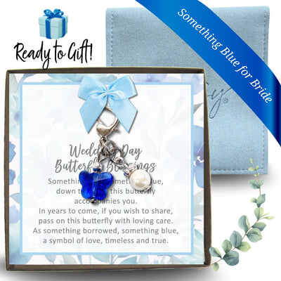 Something Blue Wedding Day Butterfly Blessings Charm – Aqua Blue Crystal Butterfly and Pearl Bridal Bouquet Keepsake, Wedding or Bridal Shower Gift for Bride