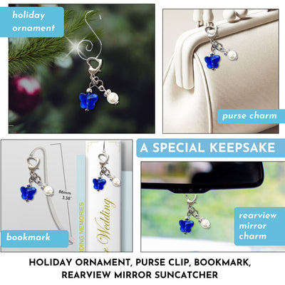 Something Blue Wedding Day Butterfly Blessings Charm – Aqua Blue Crystal Butterfly and Pearl Bridal Bouquet Keepsake, Wedding or Bridal Shower Gift for Bride