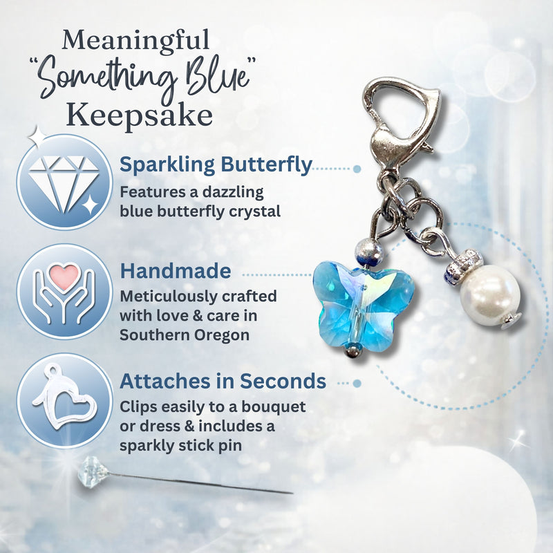 Something Blue Wedding Day Butterfly Blessings Charm – Aqua Blue Crystal Butterfly and Pearl Bridal Bouquet Keepsake, Wedding or Bridal Shower Gift for Bride