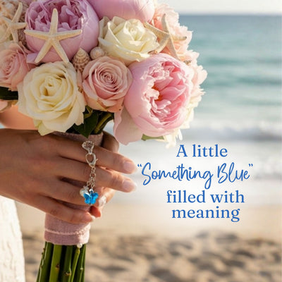 Something Blue Wedding Day Butterfly Blessings Charm – Aqua Blue Crystal Butterfly and Pearl Bridal Bouquet Keepsake, Wedding or Bridal Shower Gift for Bride